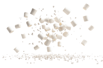 Explosion of sugar cubes and powder isolated on transparent background. Falling marshmallows isolated on white background.
