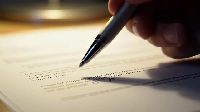 Hand holding pen marks text on paper in warm lighting, possibly editing or signing