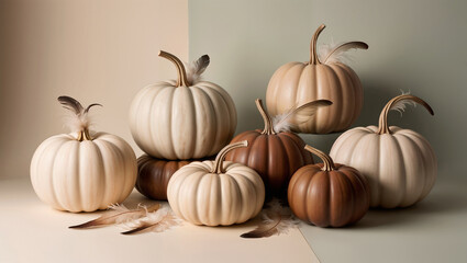 A collection of decorative pumpkins in various shades of white, beige, and brown arranged on a neutral background