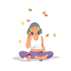 a girl with headphones. music. a woman listens to music. relaxation. a man drinks coffee on vacation