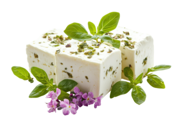 Blocks of feta cheese with herbs and flowers isolated on transparent background. Feta cheese block isolated white background.