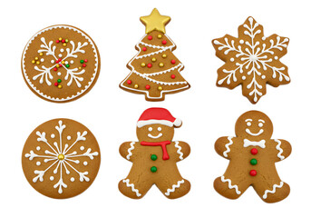 Delicious Christmas gingerbread cookies shaped like snowflakes, a Christmas tree and gingerbread men