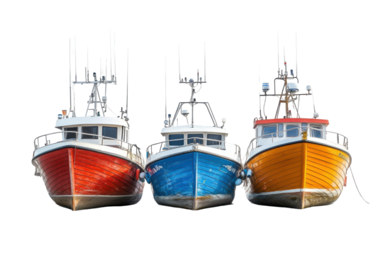 Colorful fishing boats in a row isolated on transparent background. Fishing boats isolated on white background.