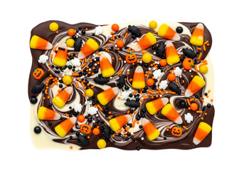Vibrant Swirled Halloween Chocolate Bark with Candy Corn, Pumpkin, and Bat Candies, Isolated on White