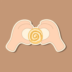 Vector illustration sticker of a hand holding a cinnamon roll 