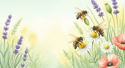 Flying bees pollinating wildflowers like lavender, chamomile and poppy. Watercolor nature background design for honey festival or international bee day.