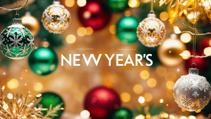 Colorful Christmas ornaments in green, red, and gold hang against a blurred background of festive lights