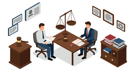 Isometric office scene with legal professionals in discussion