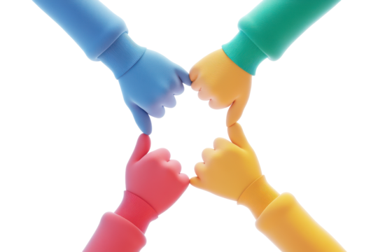 Hands wearing colorful gloves pointing at each other isolated on transparent background. Cartoon hands in colorful sleeves joining together in a circle isolated on a white background, 3D Rendering.