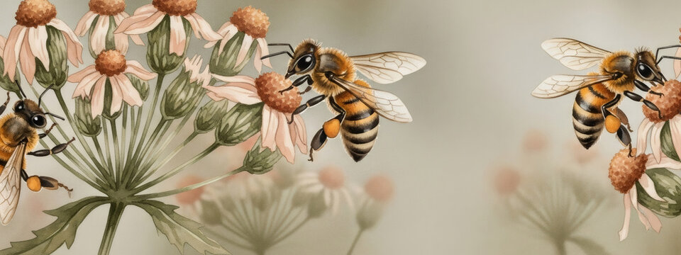 Watercolor honeybee design with pale pink flower for International Bee Day. Bees pollinating flowers for nature art print and honey festival. - Powered by Adobe