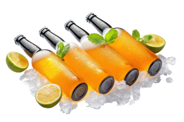 Refreshing orange flavored beer bottles with lime and mint isolated on transparent background. Cold beer bottles isolated on white background.