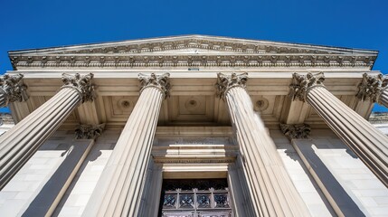 Naklejka premium monumental. Classical architectural doorway with elegant columns under a clear blue sky, embodying timeless sophistication. real-estate listings.