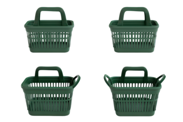 Green shopping baskets isolated on transparent background. Different angles of a green shopping basket icon isolated on transparent background, 3d rendering.
