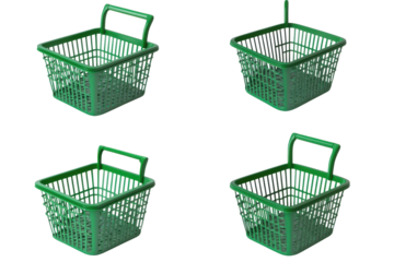 Green shopping baskets isolated on transparent background. Different angles of a green shopping basket icon isolated on transparent background, 3d rendering.