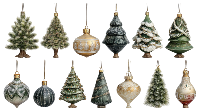 Assortment of christmas tree ornaments in various colors and shapes isolated on transparent background high resolution png design perfect for festive decorations and holiday projects
