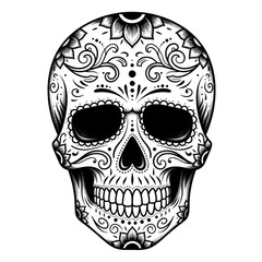 Intricate black and white sugar skull with floral patterns isolated on transparent background