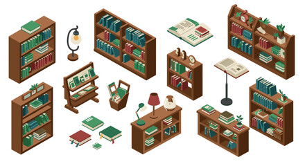 Isometric bookshelves and home library elements with books and decor