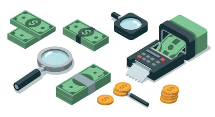 Isometric financial tools and currency: magnifying glasses, money stacks, coins, receipt printer