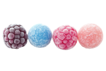 Assortment of colorful berry shaped candies isolated on transparent background. Frozen assorted berries isolated on white background.