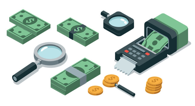 Isometric financial tools and currency: magnifying glasses, money stacks, coins, receipt printer