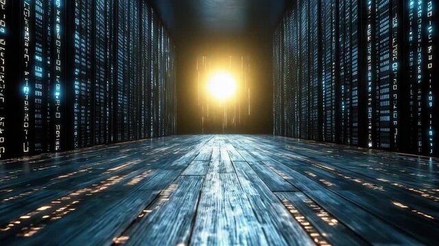 Futuristic Corridor with Glowing Binary Code and Bright Light Source Creates Digital Mystery