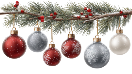 Vibrant assortment of red silver and teal christmas ornaments with pinecones arranged beneath a lush green evergreen garland in high resolution png style perfect for festive decorations