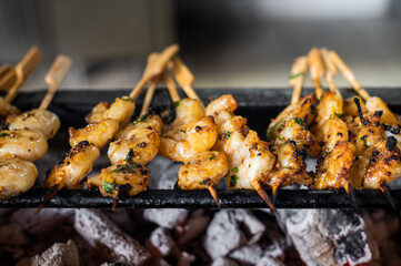 Grilled skewers of shrimp and chicken on charcoal with herbs at a summer barbecue gathering