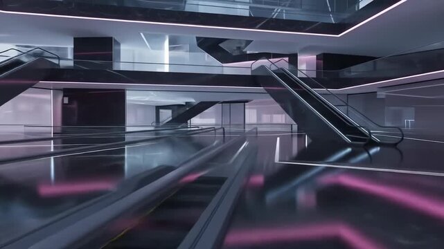 Sleek, futuristic interior with escalators and glowing pink lights