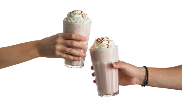 Cheers: A moment of sharing two milkshakes. Isolated on transparent background, png
