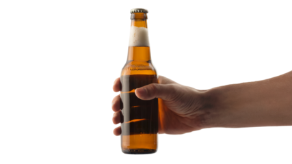 hand holding a cold bottle of beer . Isolated on transparent background, png
