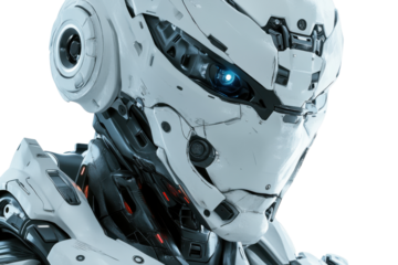 Futuristic robot head with red eyes isolated on transparent background. Futuristic robot avatar close up portrait isolated on white background.