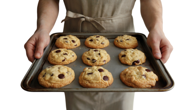 freshly baked chocolate chip cookies being held on a tray. Isolated on transparent background, png