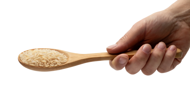 hand holding wooden spoon filled with brown rice. Isolated on transparent background, png