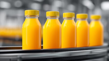Bright orange juice bottles are carefully lined up on a conveyor belt in a busy production facility. Workers oversee the process as the juice is prepared for distribution