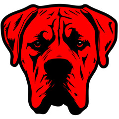 Red and black illustrated dog face with intense eyes on white background