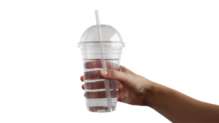 person holding a refreshing beverage in a plastic cup. Isolated on transparent background, png