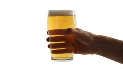hand holding a refreshing pint of beer. Isolated on transparent background, png