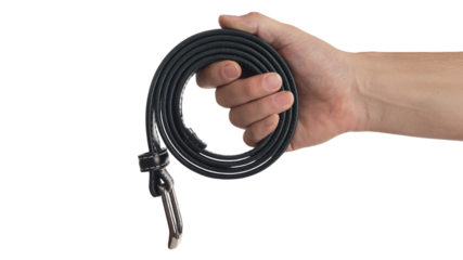 Hand holding a black leather belt. Isolated on transparent background, png