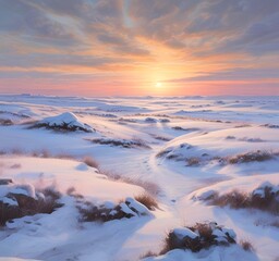 Snowy tundra at twilight, with pastel skies, icy ground textures