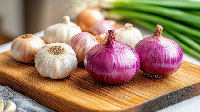 Fresh Garlic, Onions, and Scallions Vibrant Vegetables for Cooking on Wooden Cutting Board