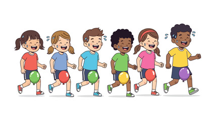 Joyful Race with Balloons: A group of young children participate in a spirited race, each clutching a vibrant balloon as they dash forward with beaming smiles.