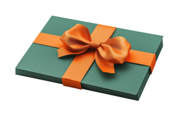 Teal gift box with orange ribbon bow isolated on transparent background. Green gift card adorned with an orange ribbon and bow isolated on a white background, 3D Rendering.