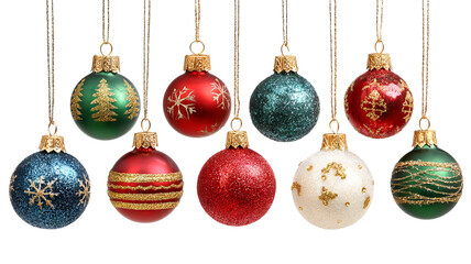 Obraz premium Vibrant christmas baubles isolated png with shiny festive ornaments colorful patterns and glossy reflections for holiday cards banners and winter celebration designs 