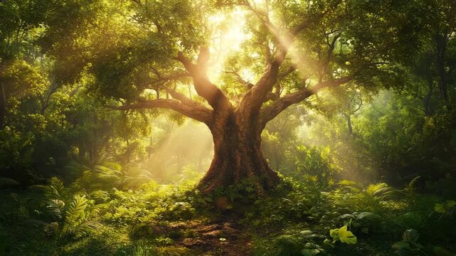 A majestic, ancient tree in a lush jungle, its canopy bathed in golden sunbeams