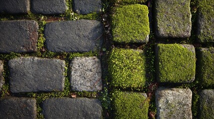 Pavement detail. Mossy paving stones create a textured street surface. The ground features weathered paving blocks, highlighting the natural growth of moss.
 