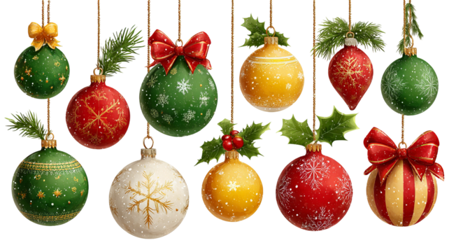 Festive christmas ornaments collection in red green and yellow vector art with glossy details high resolution decorative design for holiday greeting cards banners invitations