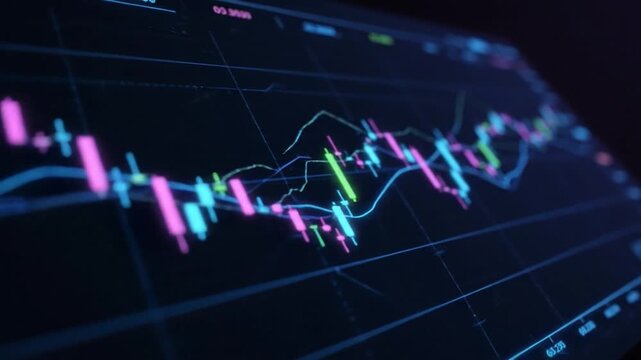 Digital financial chart showcasing stock market trends through vibrant candlestick patterns and grid lines, highlighting data analysis, investment strategies, and price movement fluctuations