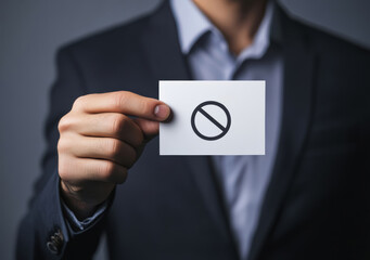 Man in suit holding a card with prohibition symbol indoors