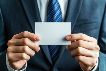 Businessman holding a blank name card in a formal suit