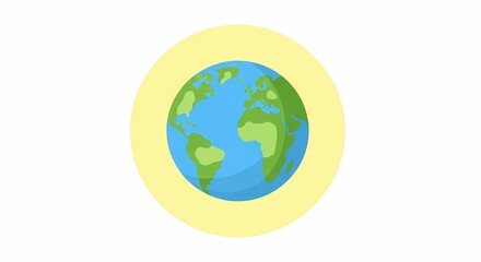 Fototapeta premium Colorful flat illustration of planet Earth with blue oceans and green continents encircled by yellow halo on white background vector graphic